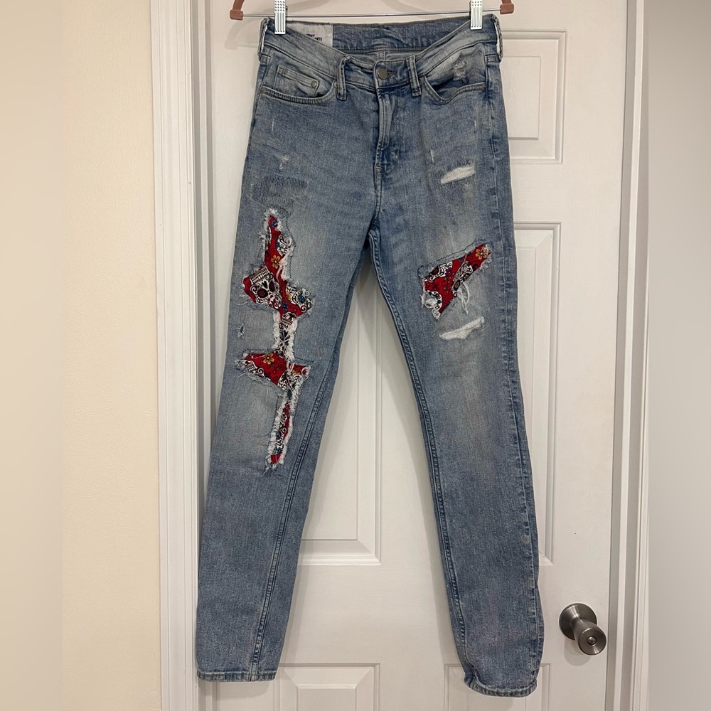 H&M Y2K Distressed Patchwork Skinny Jeans Skull Print Size 29